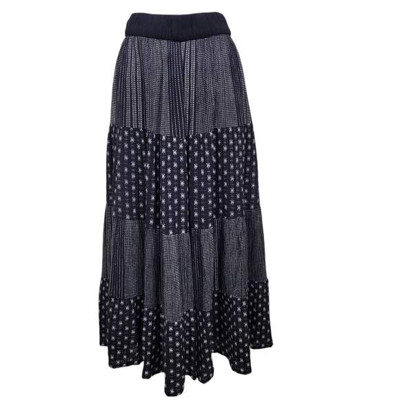 Zara Black Boho Chic Lagenlook Elastic Patchwork Embroidered Maxi Skirt Size XL - Picture 3 of 7